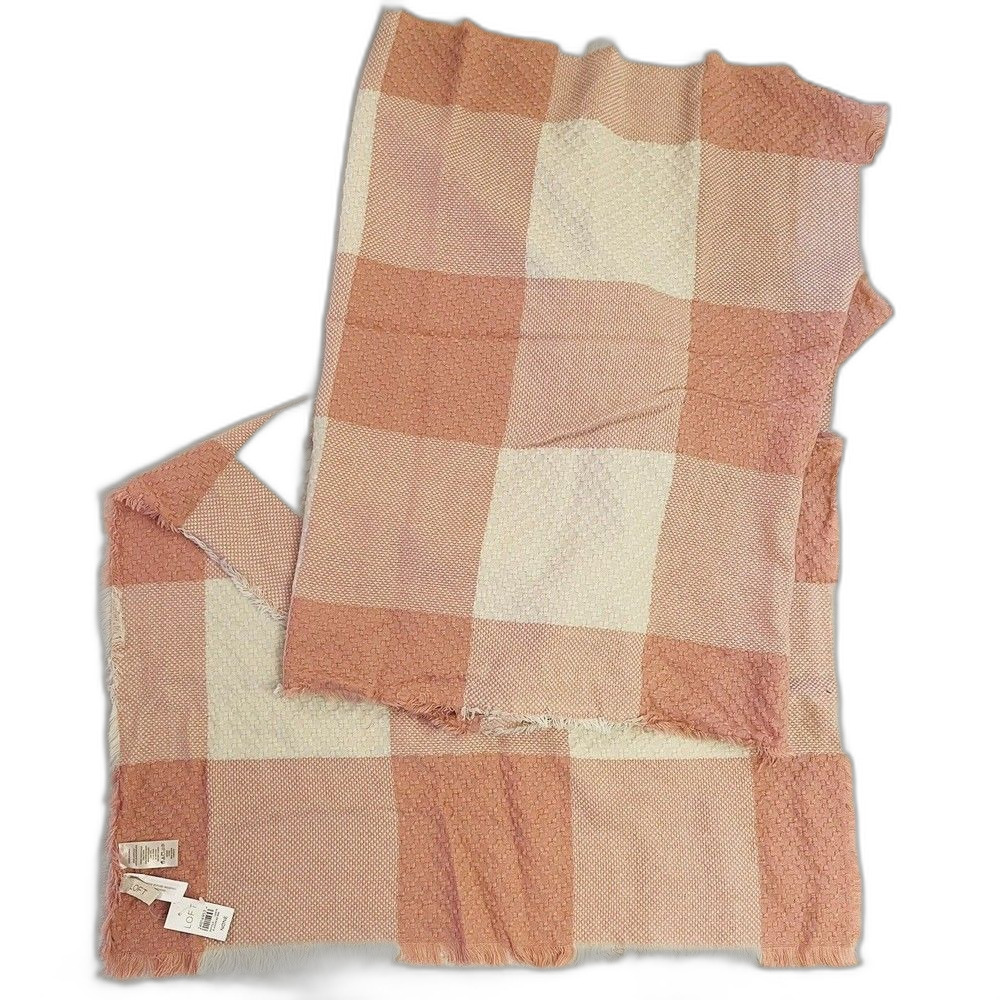 Ann Taylor Loft Scarf Women Large 76"X28" Pink Plaid Knitted Fringe Reverse NWT